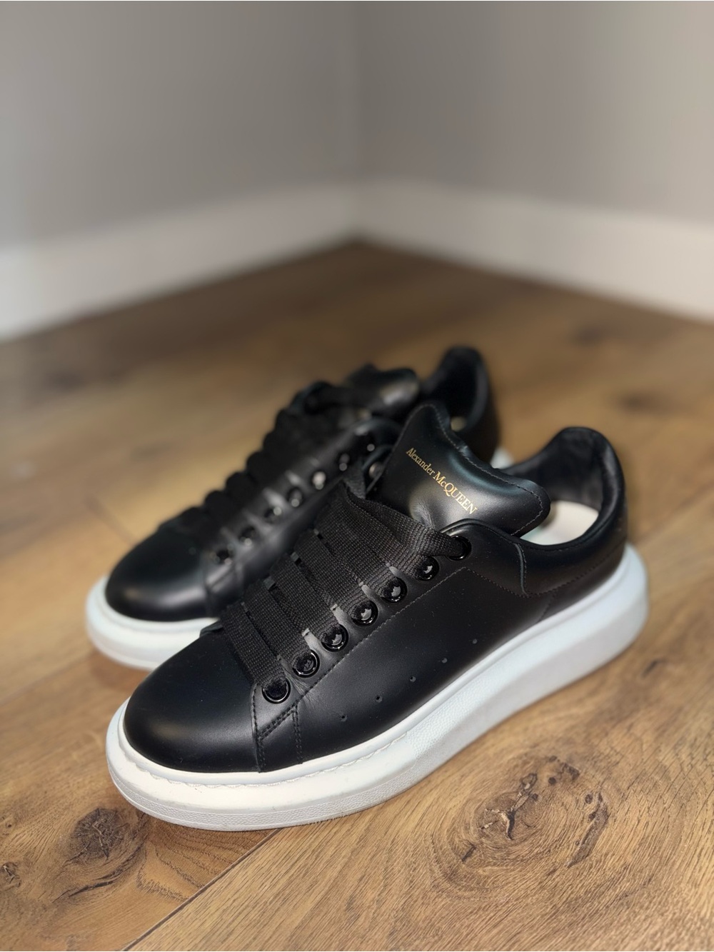 Alexander McQueen Black Leather Sneakers with White Platform Sole